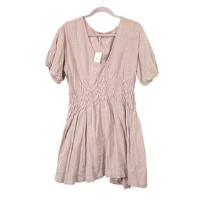 Free People New Fairy One Kind Smocked Puff Sleeve Mini‎ Pink Dress M babydoll